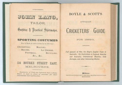 &lsquo;Australian Cricketers&rsquo; Guide for 1882-83&rsquo;. Henry F. Boyle and David Scott. Printed by Kemp Bros of Melbourne 1884, 4th year of issue. Rebound in green cloth, gilt title to spine, red speckled page edges, original rear wrapper retained, lacking original f