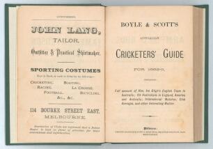 &lsquo;Australian Cricketers&rsquo; Guide for 1882-83&rsquo;. Henry F. Boyle and David Scott. Printed by Kemp Bros of Melbourne 1884, 4th year of issue. Rebound in green cloth, gilt title to spine, red speckled page edges, original rear wrapper retained, lacking original f