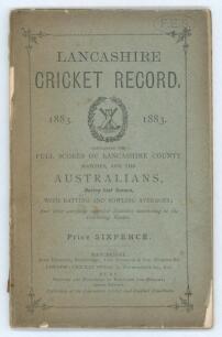 &lsquo;Lancashire Cricket Record 1883&rsquo;. Rare second year of issue. Printed and published by Fletcher & Speight, Bury 1883. 68pp. Original green paper wrappers. Comprises &lsquo;Full scores of Lancashire County Matches and the Australians during last season [1882]&rsquo;. O