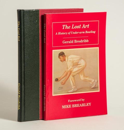 &lsquo;The Lost Art. A History of Under-Arm Bowling&rsquo;. Gerald Brodribb. Boundary Books, Goostrey 1997. Limited edition of fifty copies produced, this being number 2, signed by the author. Quarter leather with gilt to spine, gilt to top edge, marbled endpapers. S