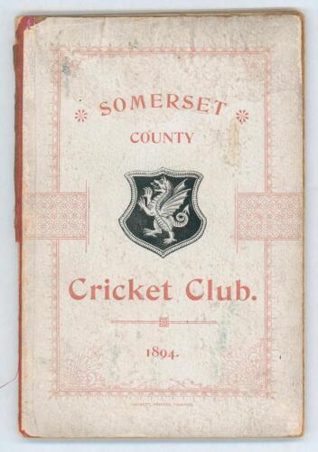 Somerset County Cricket Club Year Book 1894-95. Fifth Edition. Compiled by Tom H. Knight (County Scorer). Printed by Alex Hammett, Taunton 1895. Original decorative boards. Ex J.W. Goldman collection. Water damage to front board, some soiling to boards an