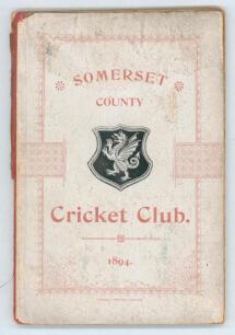 Somerset County Cricket Club Year Book 1894-95. Fifth Edition. Compiled by Tom H. Knight (County Scorer). Printed by Alex Hammett, Taunton 1895. Original decorative boards. Ex J.W. Goldman collection. Water damage to front board, some soiling to boards an