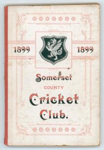 Somerset County Cricket Club Year Book 1899-1900. 10th Edition. Compiled by G.S. McAulay. Printed by Hammett & Co, Taunton 1899. Original decorative boards. Minor soiling and wear to boards, otherwise in good/ very good condition. Scarce.