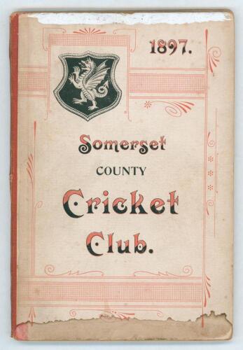 Somerset County Cricket Club Year Book 1897-98. 8th Edition. Compiled by W.T. Webb. Printed by Hammett & Co, Taunton 1898. Original decorative boards. Water damage and tippex marks to front cover, some soiling, otherwise in good condition. Scarce.