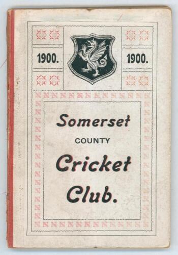 Somerset County Cricket Club Year Book 1900-01. Compiled by G.S. McAulay. Printed by Hammett & Co, Taunton 1900. Original decorative boards. Last page, rear endpaper and board becoming detached. Small ink stain to gutter of several pages. Loss to spine, s
