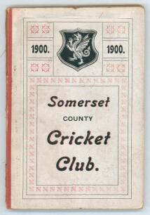 Somerset County Cricket Club Year Book 1900-01. Compiled by G.S. McAulay. Printed by Hammett & Co, Taunton 1900. Original decorative boards. Last page, rear endpaper and board becoming detached. Small ink stain to gutter of several pages. Loss to spine, s