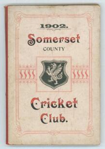 Somerset County Cricket Club Year Book 1902-03. Compiled by G.S. McAulay. Printed by Hammett & Co, Taunton 1902. Original decorative boards. Minor soiling and wrinkling to boards, slight breaking to page block, otherwise in good/ very good condition. Scar
