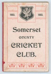 Somerset County Cricket Club Year Book 1903-04. Compiled by G.S. McAulay. Printed by Hammett & Co, Taunton 1904. Original decorative boards. Ex Anthony Woodhouse collection. Minor soiling and wear to boards, otherwise in good/ very good condition. Scarce.