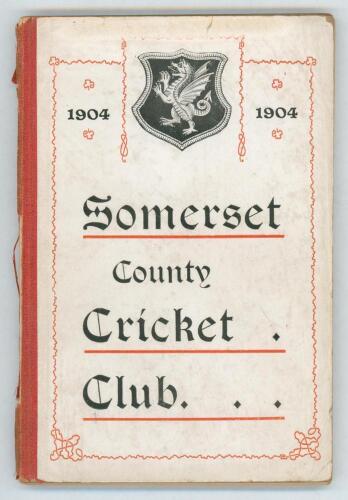 Somerset County Cricket Club Year Book 1904-05. Compiled by G.S. McAulay. Printed by E.S. & A. Robinson Ltd, Bristol 1905. Original decorative boards. Breaking to page block, loss to spine, otherwise in good condition. Scarce.