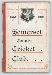Somerset County Cricket Club Year Book 1904-05. Compiled by G.S. McAulay. Printed by E.S. & A. Robinson Ltd, Bristol 1905. Original decorative boards. Breaking to page block, loss to spine, otherwise in good condition. Scarce.