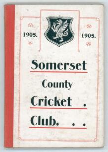 Somerset County Cricket Club Year Book 1905-06. Compiled by G.S. McAulay. Printed by E.S. & A. Robinson Ltd, Bristol 1906. Original decorative boards. Minor soiling to boards, small bump to foot of spine, otherwise in very good condition. Scarce.