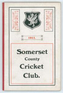 Somerset County Cricket Club Year Book 1911-12. Printed by Hammett & Co, Taunton 1912. Original decorative boards. Ex J.W. Goldman collection. Very good condition. Scarce.