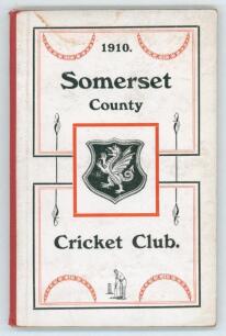 Somerset County Cricket Club Year Book 1910-11. Printed by Hammett & Co, Taunton 1911. Original decorative boards. Very minor soiling to boards, otherwise in very good condition. Scarce.