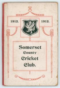 Somerset County Cricket Club Year Book 1912-13. Printed by Hammett & Co, Taunton 1913. Original decorative boards. Ex J.W. Goldman collection. Some wear and soiling to boards, otherwise in good condition. Scarce.