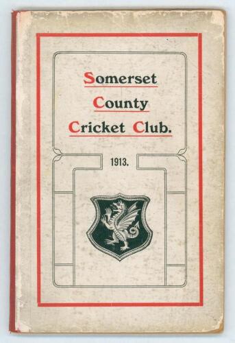 Somerset County Cricket Club Year Book 1913-14. Printed by Hammett & Co, Taunton 1914. Original decorative boards. Soiling and wear to boards, slight breaking to internal hinges, otherwise in good condition. Scarce.