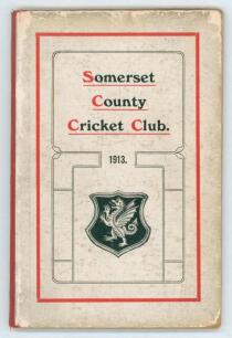 Somerset County Cricket Club Year Book 1913-14. Printed by Hammett & Co, Taunton 1914. Original decorative boards. Soiling and wear to boards, slight breaking to internal hinges, otherwise in good condition. Scarce.