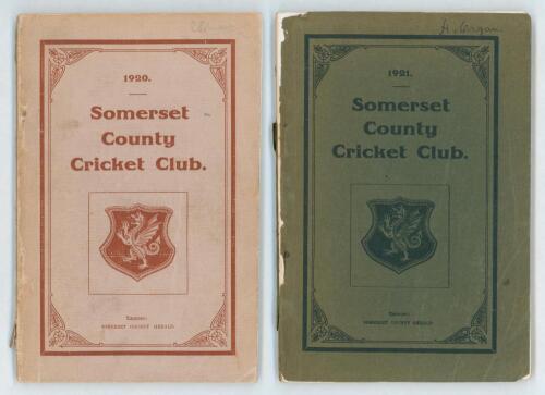 Somerset County Cricket Club Year Book 1920 and 1921. Somerset County Herald, Taunton. Original decorative wrappers. The 1920 issue with light soiling to wrappers, loss to foot of spine, rusting to staples. The 1921 with front wrapper detached and worn, l