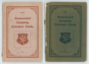 Somerset County Cricket Club Year Book 1920 and 1921. Somerset County Herald, Taunton. Original decorative wrappers. The 1920 issue with light soiling to wrappers, loss to foot of spine, rusting to staples. The 1921 with front wrapper detached and worn, l