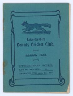 Leicestershire County Cricket Club Year Book 1903. Original blue wrappers with titles to front. 26pp. Some rusting to staples, odd minor faults otherwise in good condition. An early year book for the club