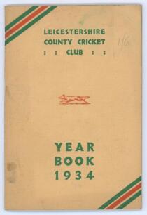 Leicestershire County Cricket Club Year Book 1934. Original wrappers in club colours with titles to front. 110pp. Some rusting to staples, some minor wear and soiling to wrappers otherwise in good condition