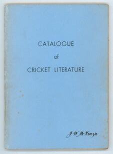 &lsquo;Catalogue of Cricket Literature&rsquo;. J.W. McKenzie. Ewell 1972. John McKenzie&rsquo;s first cricket book catalogue. Bound in original blue card wrappers. Annotated &lsquo;ticks&rsquo; to listings on pages throughout. Minor soiling to wrapper extremities, otherwise in good co