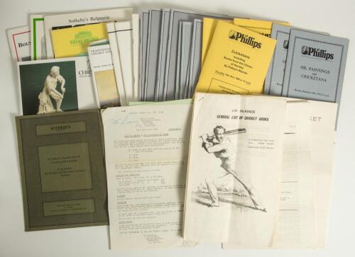 Cricket auction and dealer&rsquo;s catalogues 1970s-1980s. A good selection of thirty eight original dealer and auction sale catalogues. Includes three early typed dealer catalogues for John McKenzie of Ewell and two for Wesley Harte of Northern Ireland. Also t