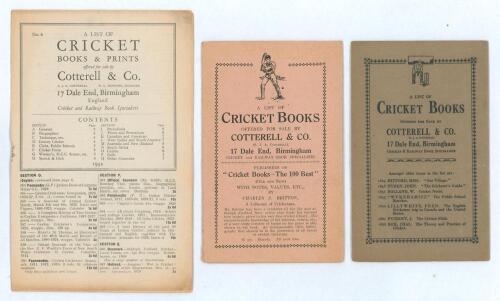 Cotterell & Co., Dale End, Birmingham catalogues early 1930s. Three original catalogues of cricket books (and prints). &lsquo;A List of Cricket Books & Prints offered for sale... No. 6&rsquo; 1932, 8pp, 352 items listed, lacking staple, with rust mark, age toning to 