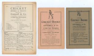 Cotterell & Co., Dale End, Birmingham catalogues early 1930s. Three original catalogues of cricket books (and prints). &lsquo;A List of Cricket Books & Prints offered for sale... No. 6&rsquo; 1932, 8pp, 352 items listed, lacking staple, with rust mark, age toning to 