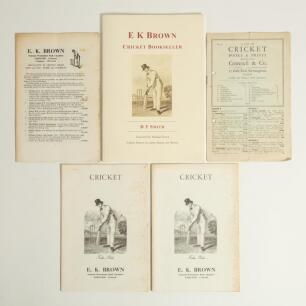 &lsquo;E.K. Brown. Cricket Bookseller&rsquo;. D.T. Smith. Childrey 2011. Limited edition of ninety copies of which this is number 44. Very good condition. Sold with three original copies of E.K. Brown&rsquo;s cricket book catalogues, one annotated &lsquo;1979&rsquo; to front plus dup