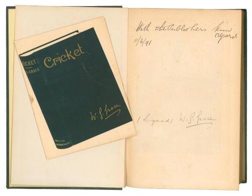 &lsquo;Cricket&rsquo;. W.G. Grace. J.W. Arrowsmith, Bristol and Simpkin, Marshall, Hamilton, Kent & Co. London 1891. Original green cloth, with gilt titles to front board and spine. With inscription to front end paper &lsquo;With the Publisher&rsquo;s kind regards 11/6/91 (11th 