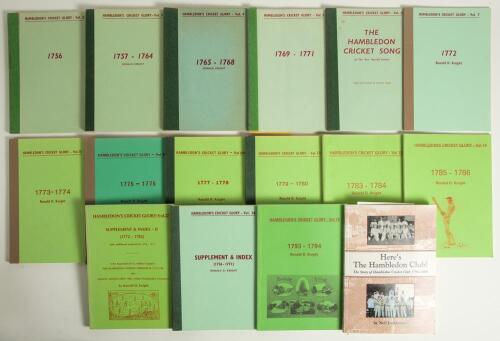 Hambledon&rsquo;s Cricket Glory&rsquo;. Ronald Knight. Fifteen volumes, nos. 2-10, 11, 13, 14, 18, 26 and 27. Printed between 1975 and 1994. Each copy signed by Knight, a good number with signed letter or note slipped in. Tape reinforcement to spines of Vols. 7, 8 an