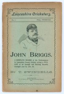 &lsquo;John Briggs. A complete record of his performances in Lancashire County Cricket...&rsquo;. T. Swindells. Manchester 1902. 24pp booklet with original pictorial green covers. Headed &lsquo;Lancashire Cricketers No.1&rsquo;. Padwick 7376. Age toning to wrapper edges and page