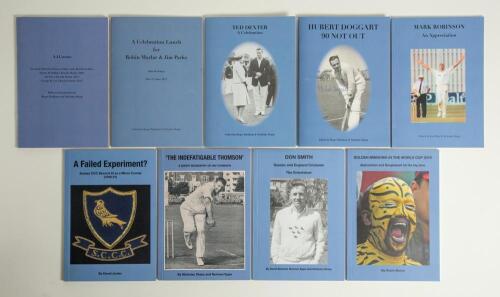 Sussex signed limited edition booklets. Nine booklets published by the Sussex Cricket Museum and Education Trust, each signed (unless stated) by the author and/ or subject, contributor(s). All similarly bound in original blue card wrappers. Titles are &lsquo;A.