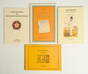 Martin Wilson. Four softback titles by Wilson, all signed by the author. Three are limited editions, &lsquo;A Bibliography of Northamptonshire Cricket&rsquo;, London 2003, no. 23/75. &lsquo;An Index to Waghorn&rsquo;, London 2005, no. 79/150. &lsquo;First Cricket In...&rsquo;, Newnham on Se