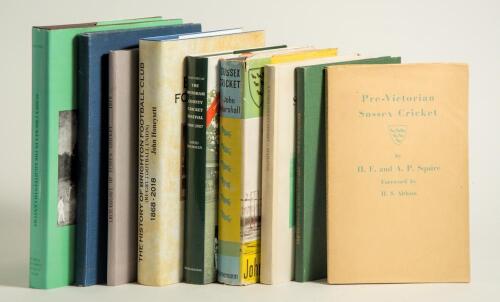 Sussex cricket (and rugby) histories. Nine titles of which five hardbacks are signed by the author. &lsquo;Pre-Victorian Sussex Cricket&rsquo;, H.F. & A.P. Squire, Henfield 1951, signed by H.F. Squire with accompanying letter to John Arlott. Rebound in green cloth, o