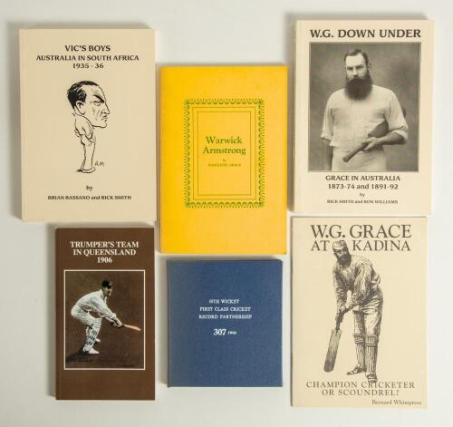 Australian cricket. Six titles on cricket in Australia. All titles limited edition softbacks (one hardback), each signed by the author(s). Titles are &lsquo;Warwick Armstrong&rsquo;, Radcliffe Grace, Camberwell, Victoria 1975, no. 270/350. &lsquo;Vic&rsquo;s Boys. Australia in S