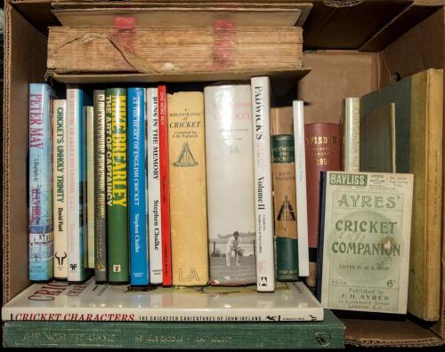Cricket histories and reference books. Box comprising a mixed selection of twenty one titles, some signed and the odd limited edition. &lsquo;Between the Wickets&rsquo;, Eric Parker, London 1926, signed in ink to the front endpaper by Parker, 17th April 1942, with ow