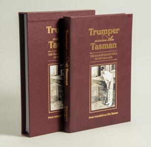 &lsquo;Trumper across the Tasman. The 1914 Australian Tour of New Zealand&rsquo;. Peter Schofield & Ric Sissons. Boundary Books, Childrey 2025. Full maroon leather with slipcase. Limited edition no. 71 of 110 copies produced of which 100 were for sale. Signed to the 