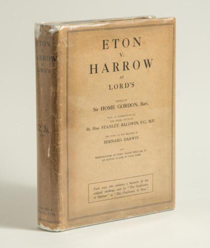 &lsquo;Eton v Harrow at Lords&rsquo;. Sir Home Gordon. London 1926. Eton limited edition of 325 copies (315 for sale), this being number 314. Original decorative covers. Gilt to top edges. Original dustwrapper, rarely seen. Padwick 1443. Tears and ageing to dustwrapp