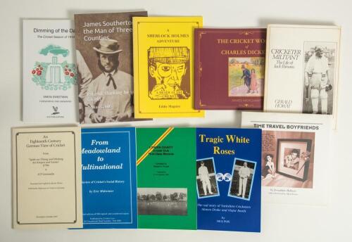 Miscellaneous cricket books. Ten softback titles (one hardback) of which eight are signed by the author. Includes four limited editions. &lsquo;Tragic White Roses [Drake and Booth]&rsquo;, Mick Pope, Mexborough 1995, no. 95/450, also signed by Derek Hodgson and one o