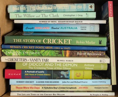 Large format cricket titles. Box comprising fourteen modern titles, the majority signed by the author with the odd limited edition. Signed hardbacks include &lsquo;The Golden Age of Cricket 1890-1914&rsquo;, David Frith 1978. &lsquo;The Story of Cricket&rsquo;, Robin Marlar 1979