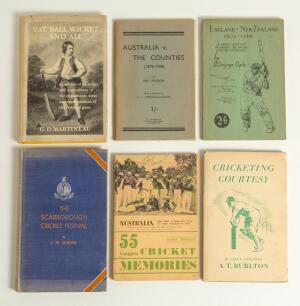 Signed presentation cricket books. Six titles, hardback unless stated, each with dedication signed by the author to a notable name in cricket. Includes three dedicated to R.C. &lsquo;Crusoe&rsquo; Robertson-Glasgow, &lsquo;Australia v. The Counties (1878-1938), Rex Pogson,