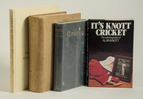 Cricket books. Four titles, two signed. &lsquo;It&rsquo;s Knott Cricket&rsquo;, Alan Knott, London 1985. Hardback with very good dustwrapper. Signed by Knott with a signed J/V Cricket Series Set 2 mono postcard of Knott. &lsquo;The Lord&rsquo;s Taverners Sticky Wicket Book&rsquo;, specially