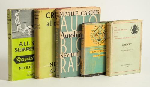 Neville Cardus. Five original hardback titles, all written or contributed to by Cardus and signed. Each with reasonable dustwrapper. Titles are &lsquo;Cricket&rsquo;, London 1930. &lsquo;Days in the Sun&rsquo;, London 1934. &lsquo;Autobiography&rsquo;, London 1947. &lsquo;Cricket All The Year&rsquo;, L