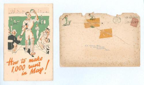How to make 1000 runs in May!&rsquo;. Humorous 12pp advertising leaflet published 1933 featuring cartoons and descriptions of Gradidge cricket equipment and instructions on the care of Gradidge bats. Blind embossed bookplate &lsquo;Library of Michael Beer&rsquo; to first p