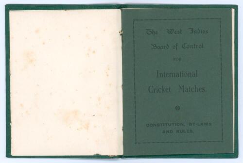 &lsquo;The West Indies Board of Control for International Cricket Matches. Constitution, By-laws and Rules&rsquo; 1928. Small 15pp booklet tipped in to green cloth boards with gilt title to front, original green card wrappers preserved. Padwick 5405. Bookplate of A.E