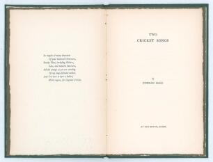 &lsquo;Two Cricket Songs&rsquo;. Norman Gale. Printed for the author by Albert Frost & Sons, Rugby in 1926. Eight page book in original green wrappers with lyrics to two songs &lsquo;Urgent&rsquo; and &lsquo;A Strike&rsquo;. The first song &lsquo;Urgent!&rsquo; is about the first Test of 1926 at Trent 