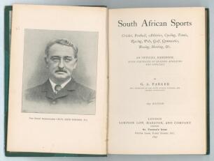 &lsquo;South African Sports. Cricket, Football, Athletics... An official handbook&rsquo;. G.A. Parker. London &lsquo;1897 Edition&rsquo;. Nicely bound in green quarter leather, raised bands and gilt title to spine, gilt to top page edges, marbled endpapers. Lacking original wrap