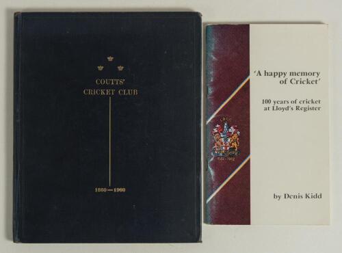 London City cricket clubs. Two club histories, &lsquo;Coutts&rsquo; Cricket Club 1860-1960&rsquo; compiled by Malcolm Dawkins, published by the Club 1960, limited to 100 copies. Illustrated with real photographs laid to pages. Blue cloth, gilt title to front. Bookplate of 