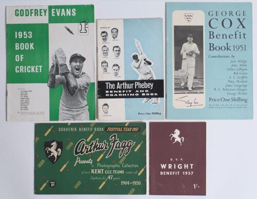 Kent and Sussex Benefits 1950-1960. Four original official Kent and one Sussex Benefit brochures for Arthur Fagg 1950, Godfrey Evans 1953, Doug Wright 1957, Arthur Phebey 1960 (all Kent), and George Cox 1951 (Sussex). Odd minor faults otherwise in good co